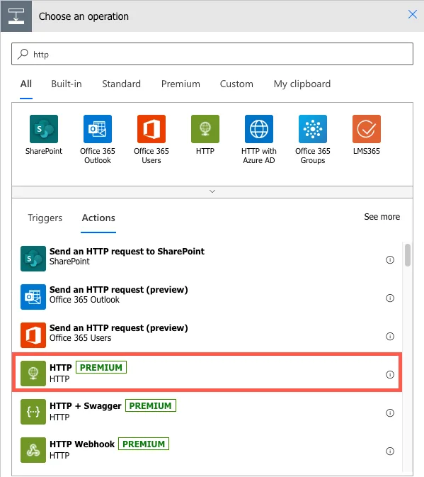 Selecting the HTTP action